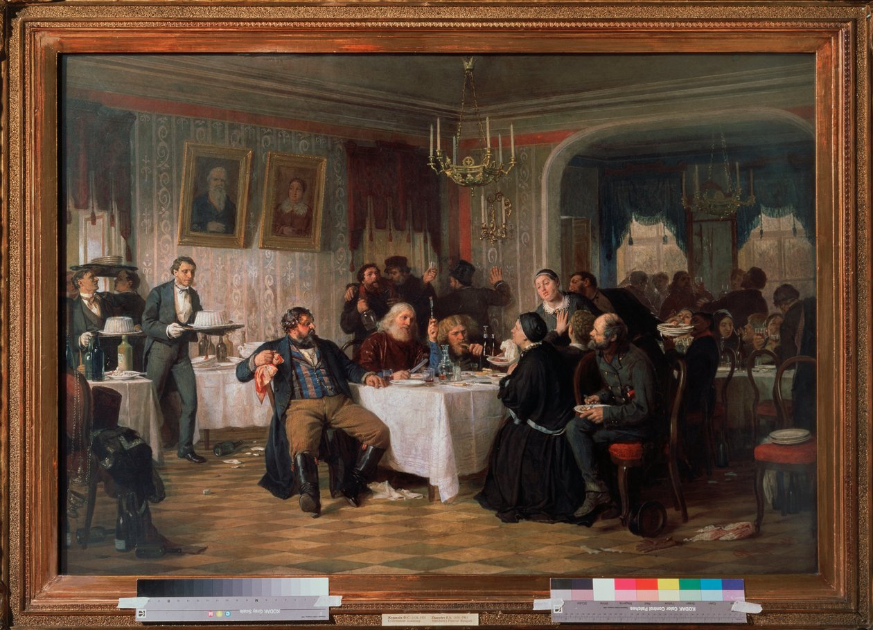 Bankiet pogrzebowy kupca - Obraz Firs Sergeevich Zhuraviev (1836-1901), olej na płótnie, ok. 1870, sztuka rosyjska XIX wiek - Państwowa Galeria Trietiakowska, Moskwa autorstwa Firs Sergeevich Zhuravlev