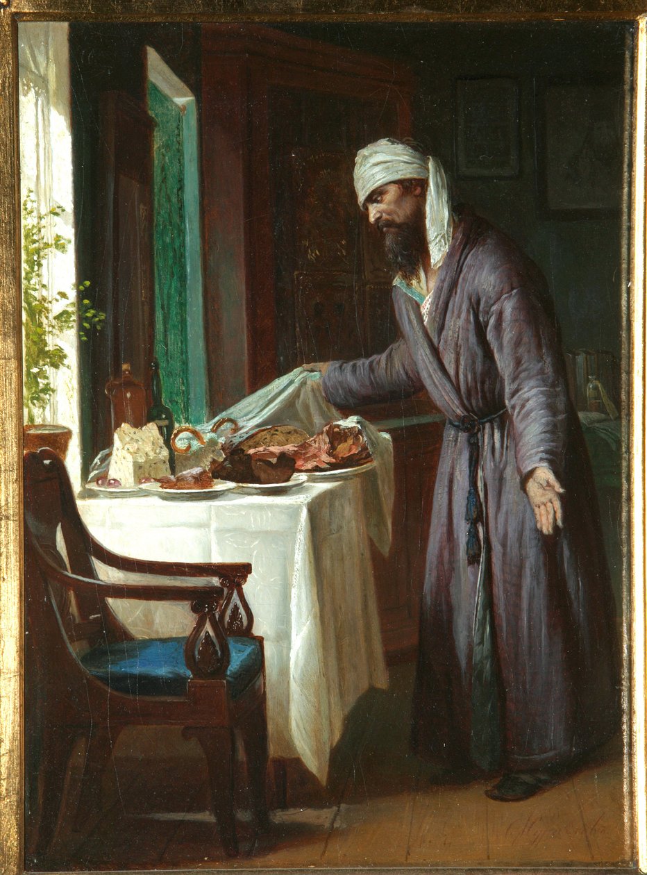 Poranny kac - Obraz Firs Sergeevich Zhuravlev (1836-1901), olej na płótnie, 40x29,6 cm, koniec XIX wieku - Kolekcja prywatna autorstwa Firs Sergeevich Zhuravlev