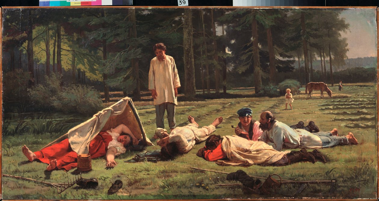 Odpoczynek przy żniwie siana - obraz Firs Sergeevich Zhuraviev (1836-1901), olej na płótnie autorstwa Firs Sergeevich Zhuravlev