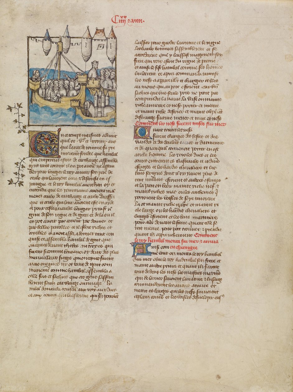 Flota Hannibala płynąca do Hiszpanii autorstwa First Master of the Bible historiale of Jean de Berry