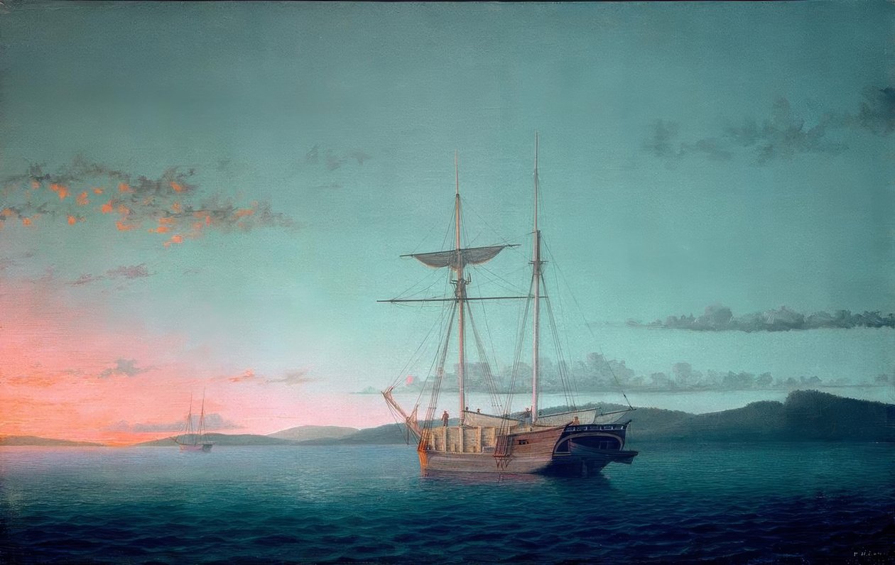 Szkunery z drewna w wieczór nad zatoką Penobscot autorstwa Fitz Henry Lane
