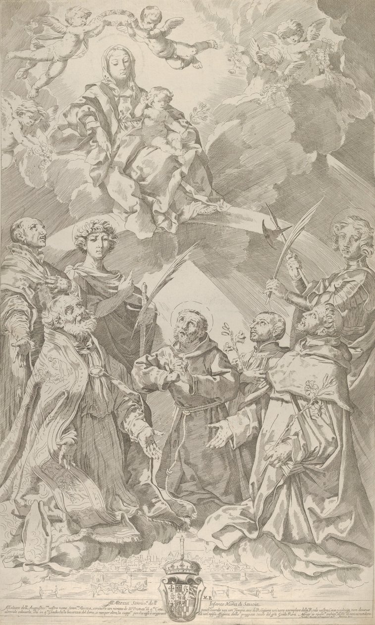 Patronki Bolonii spoglądają w górę na Dziewicę siedzącą w obłokach z..., 1640-50. autorstwa Flaminio Torre
