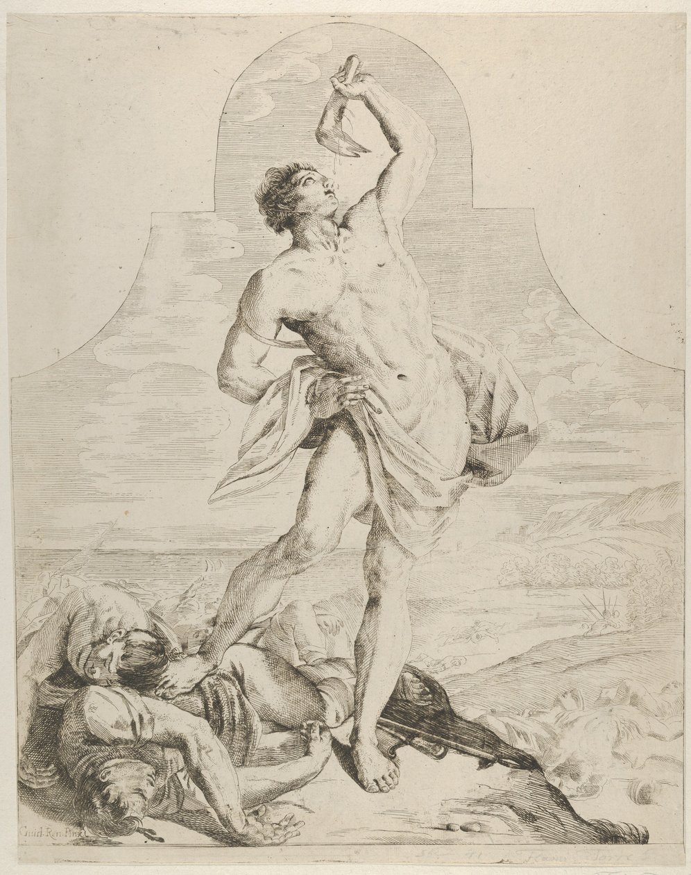 Samson trzymający żuchwę osła nad głową i stojący obok Philis..., ca. 1640-60. autorstwa Flaminio Torre