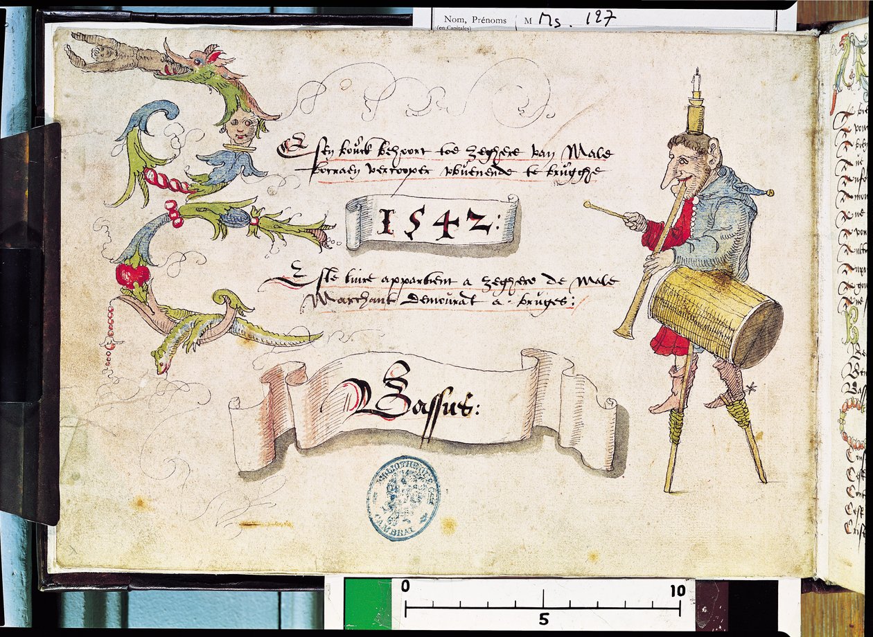 Ms 127 Frontyspis „Receuil des Chants Religieux et Profanes III” przedstawiający głupca na szczudłach z instrumentami muzycznymi i świecą na głowie, 1542 autorstwa Flemish School