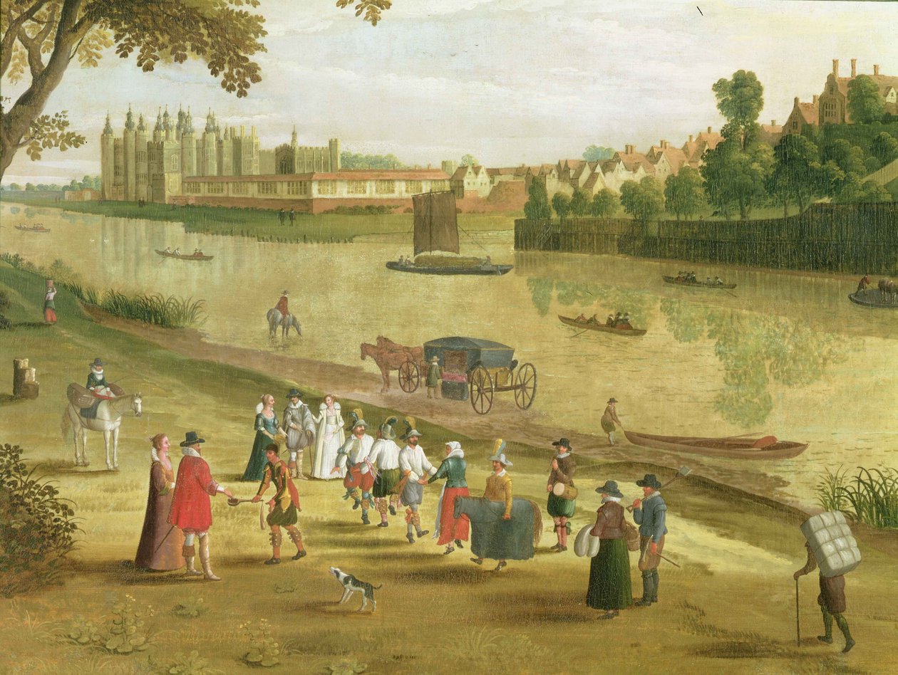 Tamiza w Richmond, ze Starym Pałacem Królewskim, ok. 1620 (szczegóły) (patrz także 65997) autorstwa Flemish School