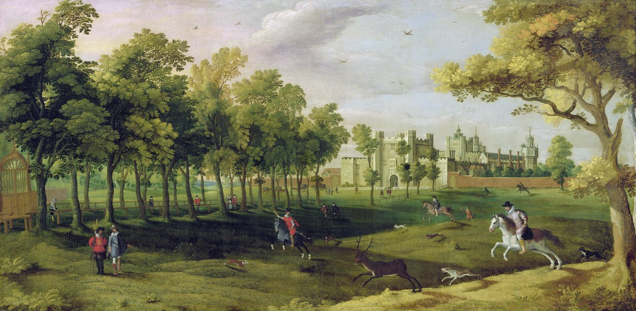 Widok pałacu Nonsuch z czasów króla Jakuba I, początek XVII wieku (szczegóły patrz 65996) autorstwa Flemish School