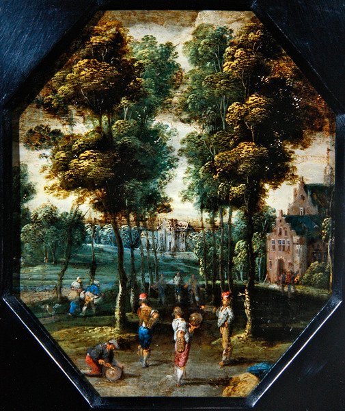 Scena Kermesse we wsi nad rzeką (olej na miedzi, ośmiokąt) autorstwa Flemish School
