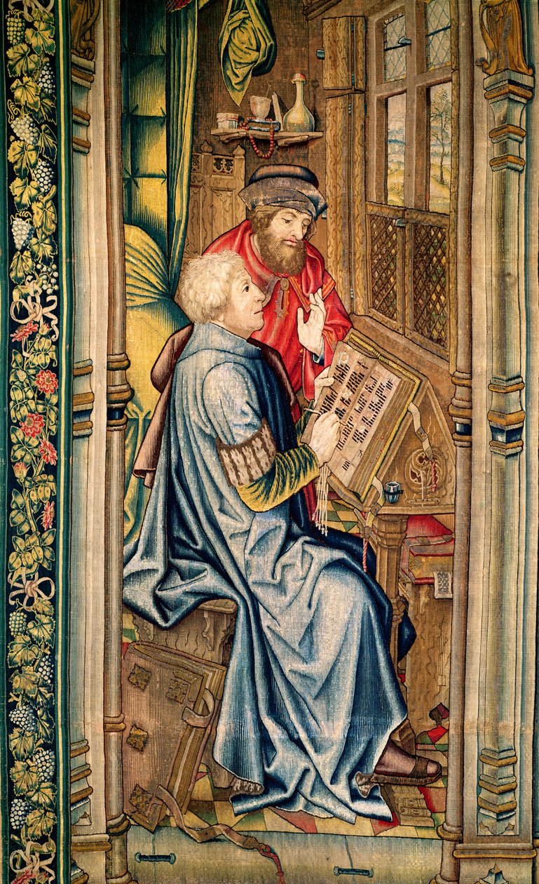Skryba piszący relację, fragment z Transportu Arki Przymierza, z Gobelinu Dawida i Batszeby, ok. 1510-15 autorstwa Flemish School