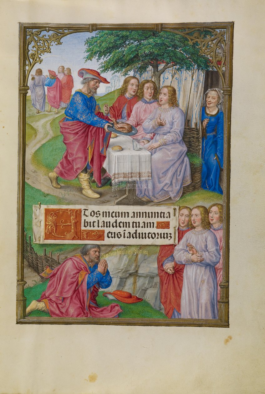 Abraham i trzej aniołowie, ok. 1510-20 (tempera, złoto i atrament na pergaminie) autorstwa Flemish School