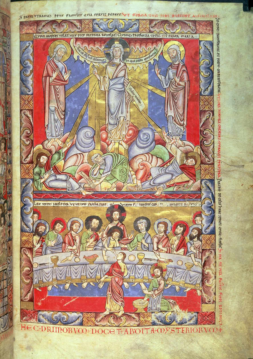 Dodaj 17738 tom II f.4 Przemienienie, Ostatnia Wieczerza, z Biblii Floreffe, c.1156 (welum) autorstwa Flemish School