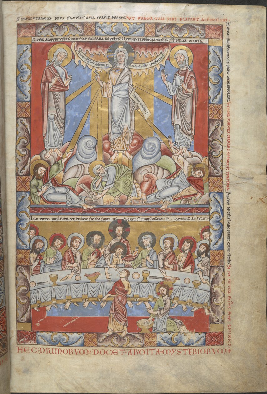Dodać. 17738, f.4 Całostronicowa miniatura w dwóch rejestrach, Przemienienia Pańskiego i Ostatniej Wieczerzy, ilustracje z „Biblii Floreffe”, Dolina Mozy, ok. 1155 (tusz i kolor i złoto na welinie) autorstwa Flemish School