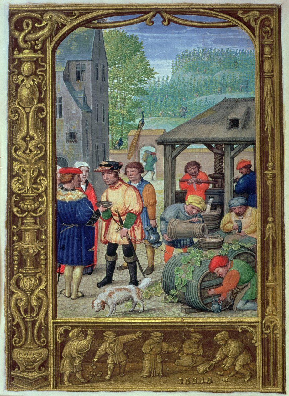 Dodaj 24098 f.27v Październik: Zbiór wina, z Book of Hours lub Golf Book, c.1520-30 (welum) autorstwa Flemish School