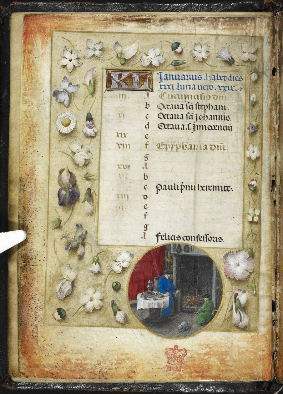 Dodaj stronę kalendarza MS 38126 f.1v na styczeń, z okrągłą miniaturą dwóch mężczyzn ogrzewających się przed ogniem, z „Księgi godzin, użytkowania Rzymu” („Godziny Hutha”) ok. 1485-90 (atrament i kolor i złoto na pergaminie) autorstwa Flemish School