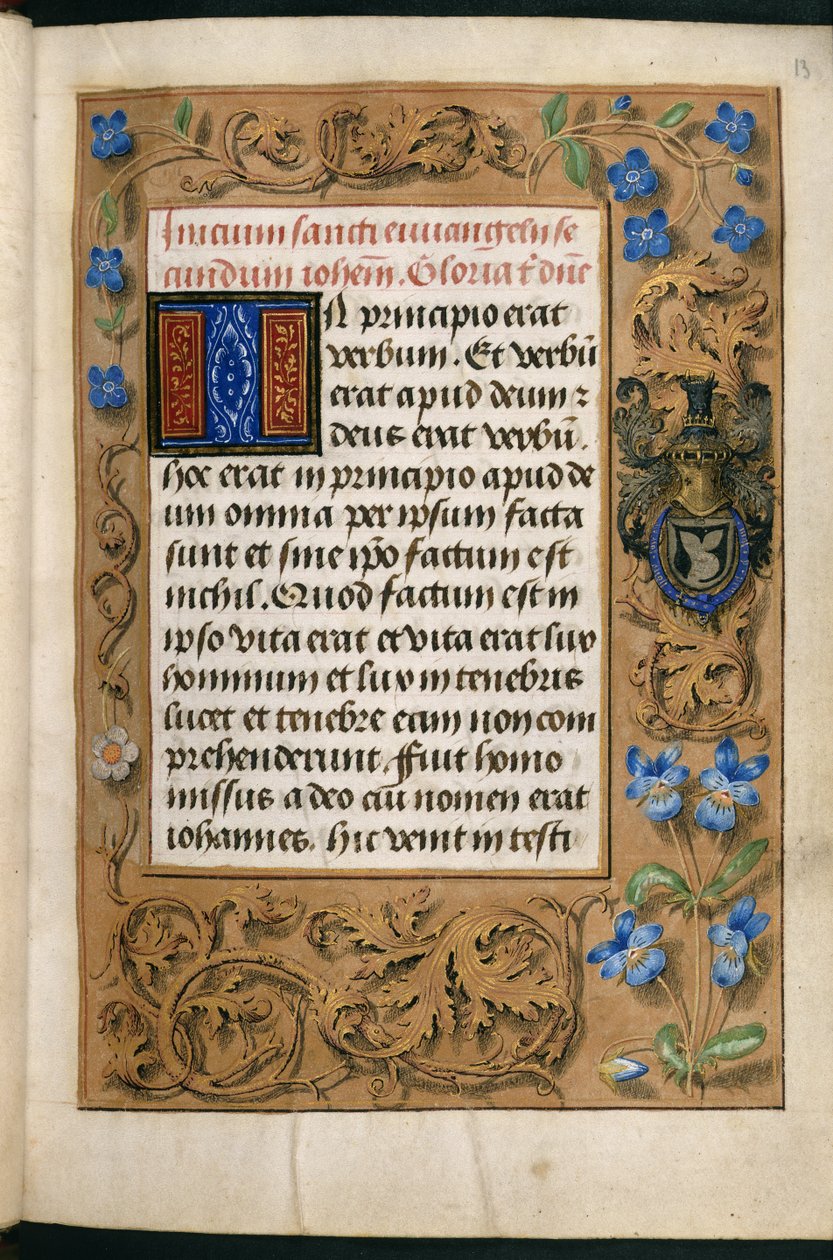 Dodaj MS 54782, f.13r Ilustracja z „Godzin Hastings” przedstawiająca herb rodziny, c.1475-83 (welum) autorstwa Flemish School