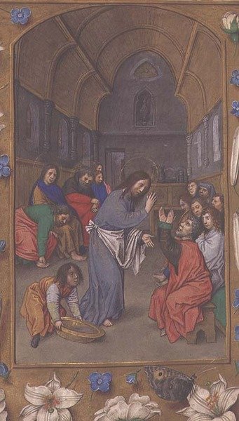 Dodatkowy 54782, f.265v: Chrystus myjący stopy uczniom, od Godzin Hastings, c.1475-83 (welum) autorstwa Flemish School