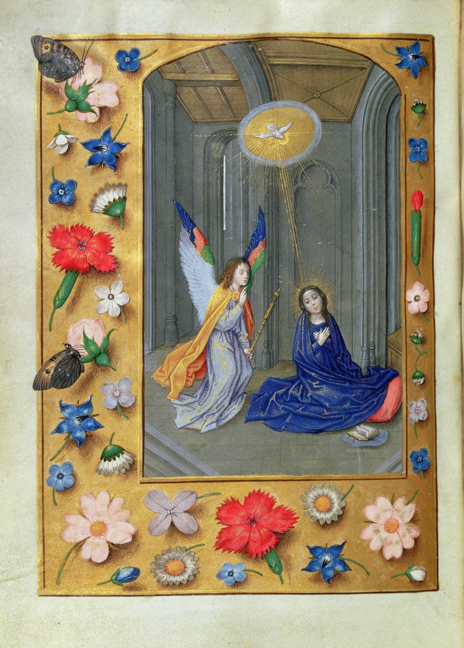 Dodatkowy 54782, f.73v: Zwiastowanie, z Godzin Hastings, c.1475-83 (welum) autorstwa Flemish School