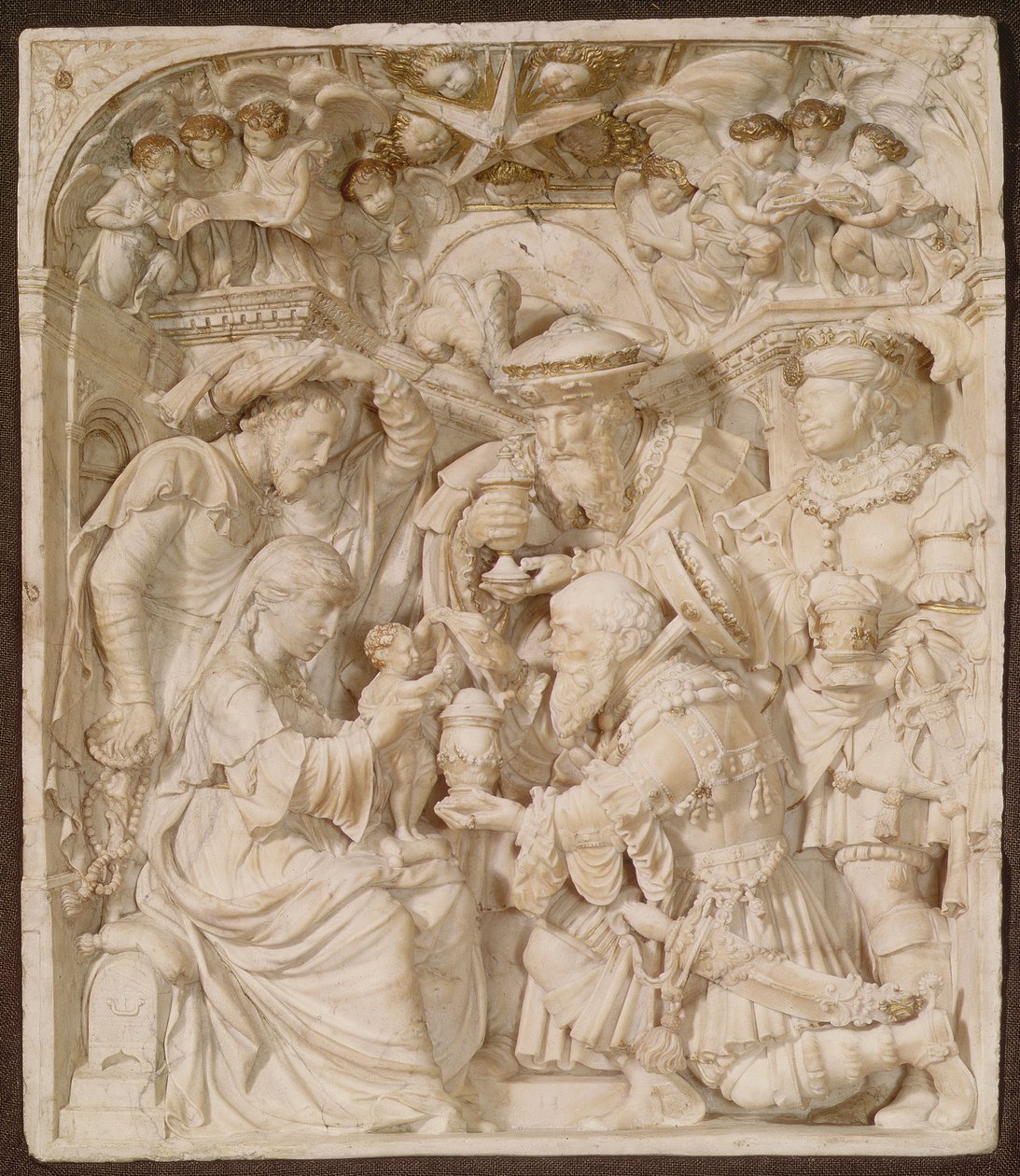 Pokłon Trzech Króli, alabaster i malowany złocony relief, flamandzki, inskrypcja `AH, ok. 1540 autorstwa Flemish School