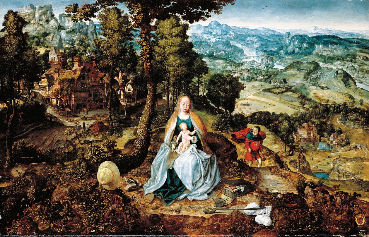 Rozległy krajobraz z Odpoczynkiem w ucieczce do Egiptu, szkoła antwerpska, ok. 1520 autorstwa Flemish School