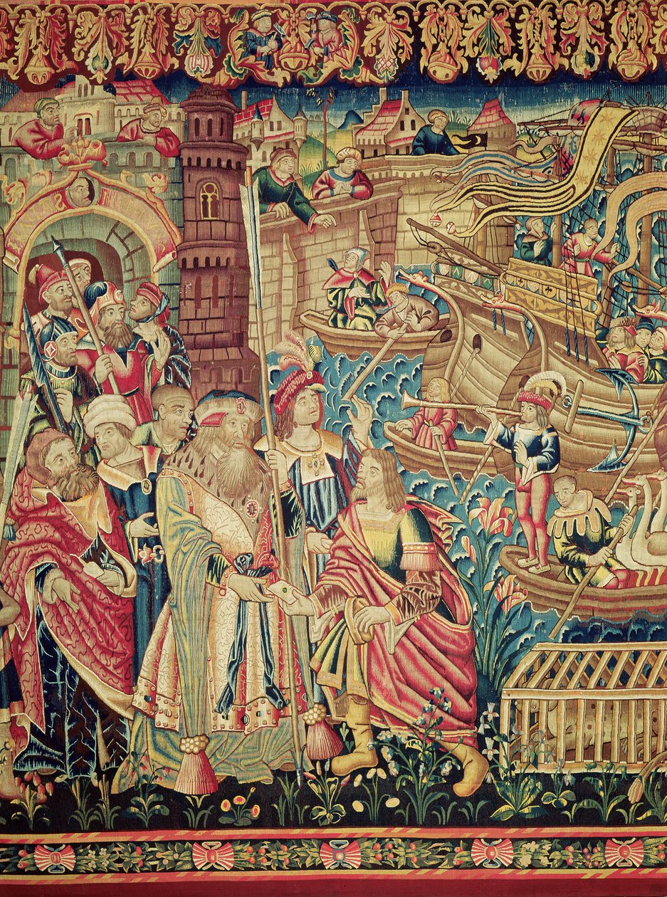 Centralny szczegół przybycia Vasco da Gamy w Calicut (gobelin) autorstwa Flemish School