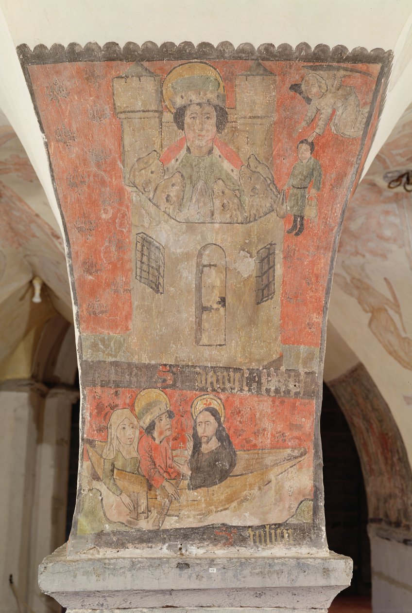 Daniel w jaskini lwów, przedstawiający poniżej św. Juliana, jego żonę i Jezusa Chrystusa, malowidło ścienne z krypty, ok. 1480-1540 autorstwa Flemish School