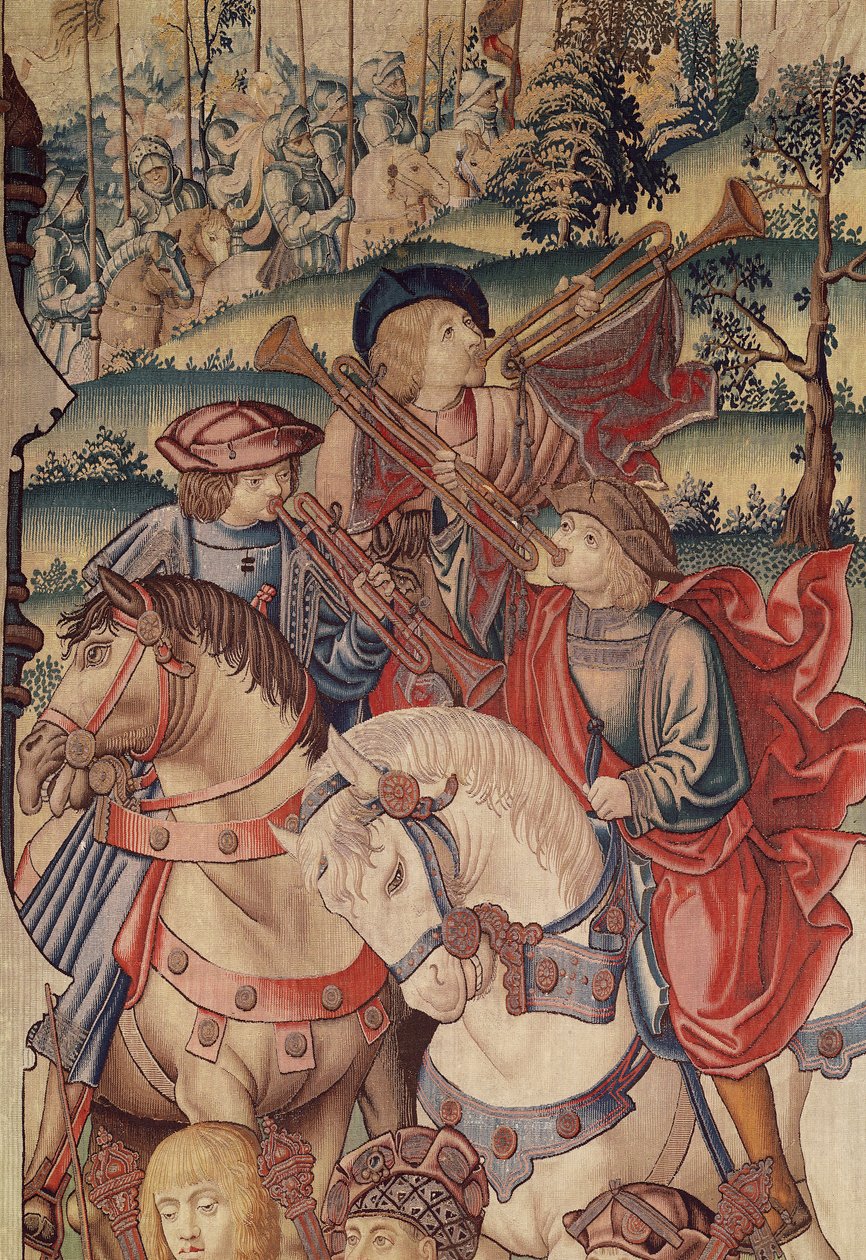 Detal trębaczy na koniach, z arrasu Dawida i Batszeby, 1510-15 autorstwa Flemish School