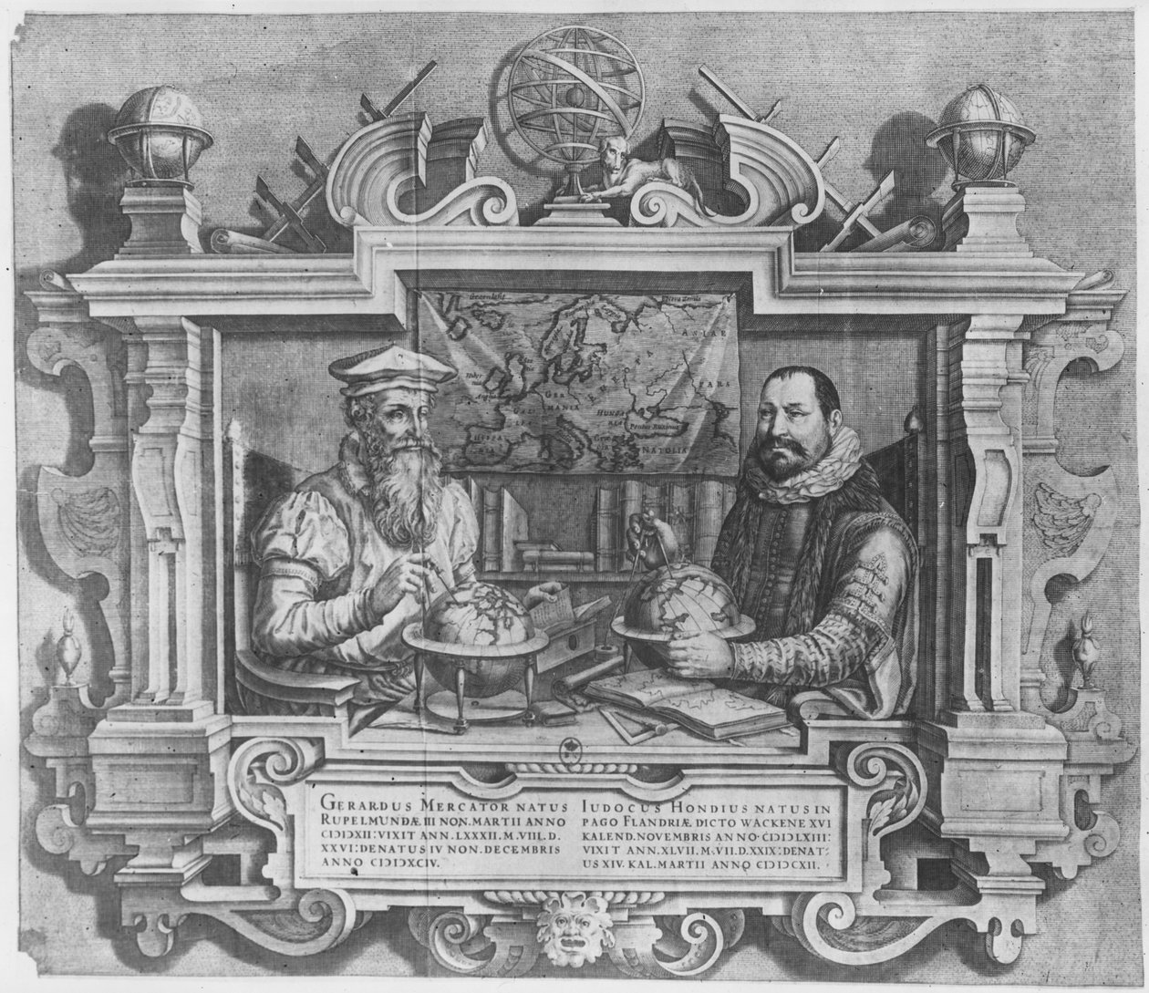 Podwójny portret Gerarda Mercatora (1512-94) i Jodocusa Hondiusa (1563-1612) wyryty w celu włączenia do serii atlasów Mercator i Hondius, 1619 (patrz także 10457 i 30866 autorstwa Flemish School