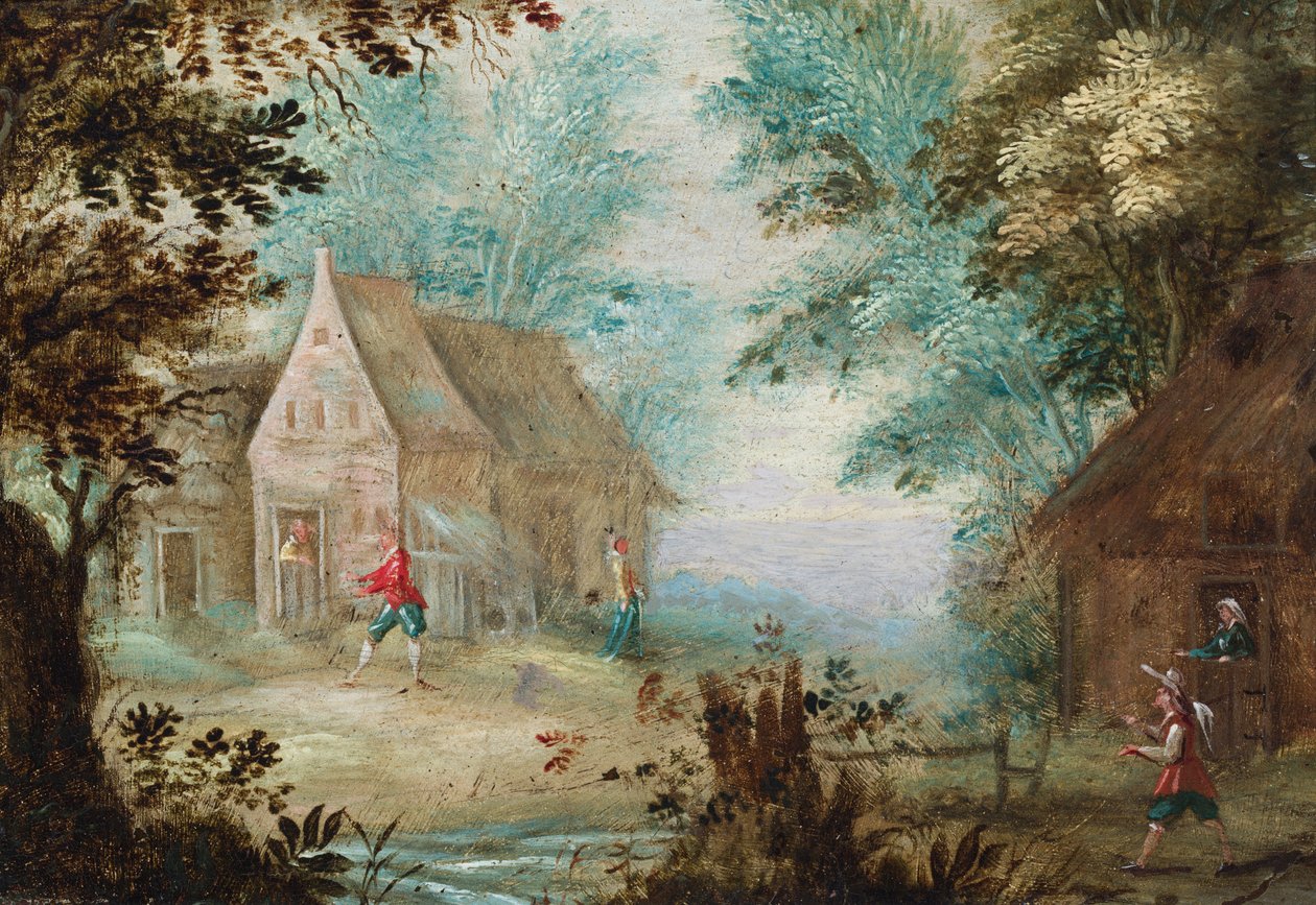 Figury w pobliżu domków na zalesionej polanie autorstwa Flemish School
