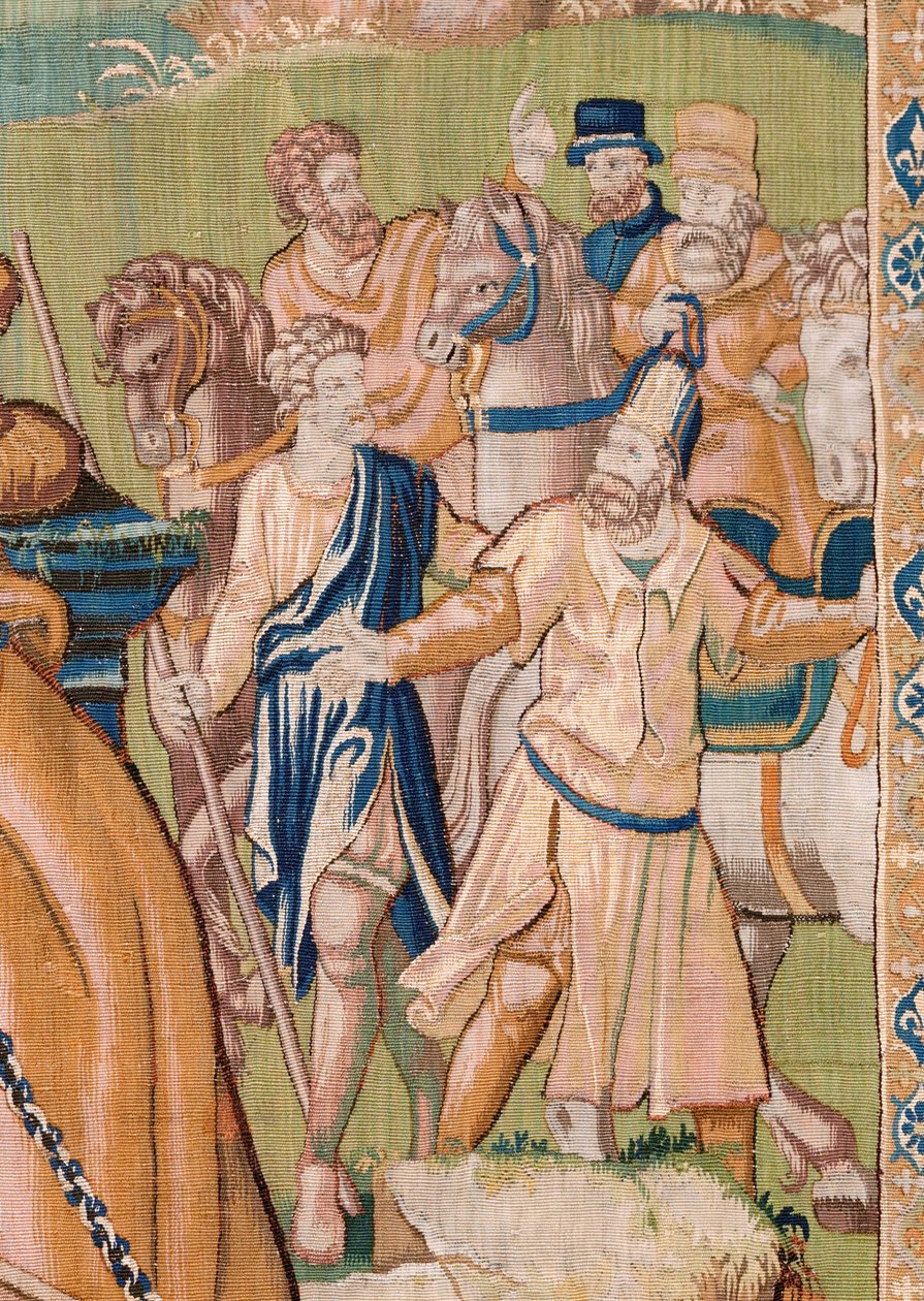 Flamandzki gobelin. Aleksander otrzymuje koronę (Aleksander otrzymuje koronę). Atelier Oudenaarde. 384x316cm. Inw (83024)-5 / 00009. XVII wiek. autorstwa Flemish School
