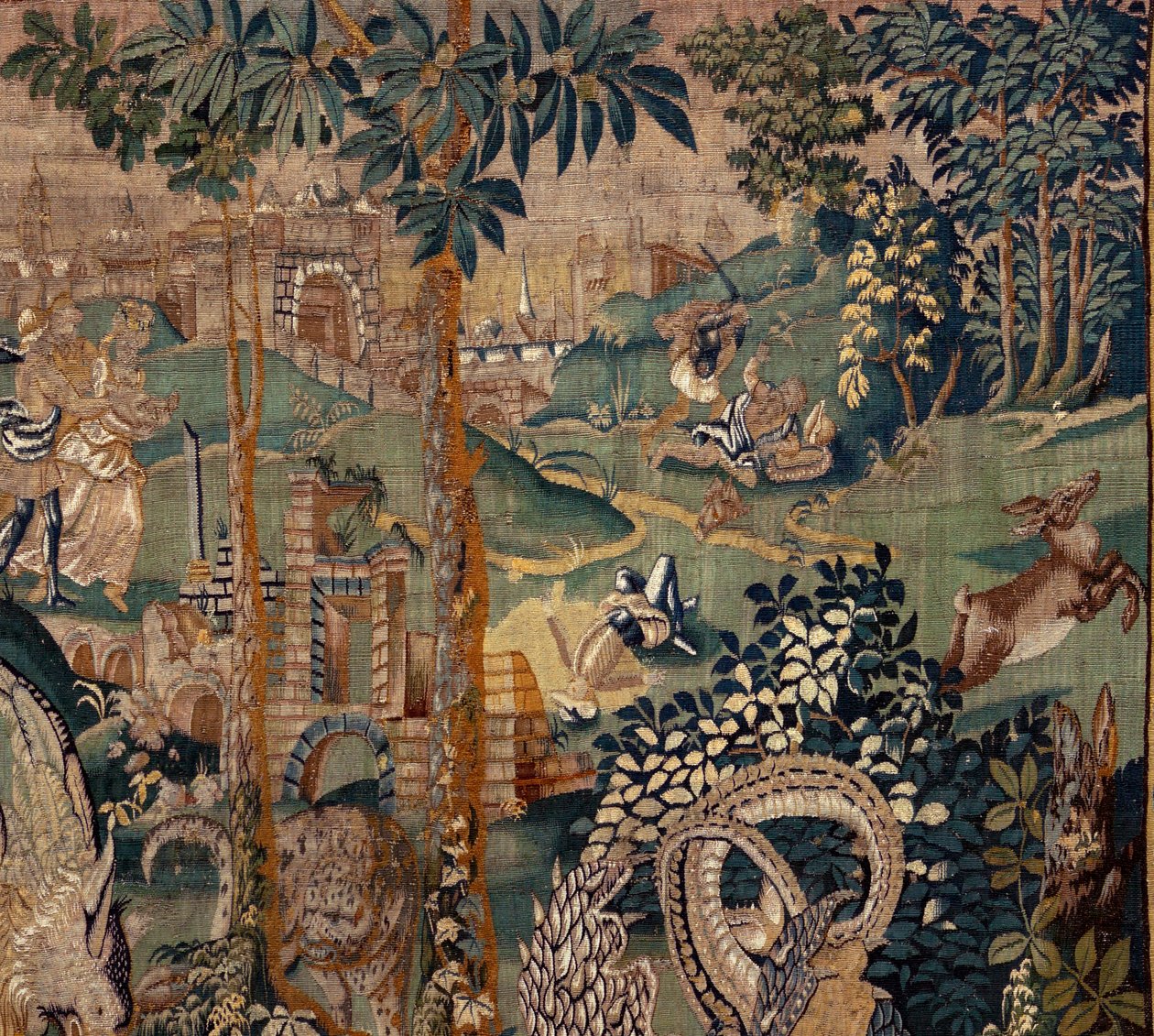 Flamandzki gobelin. Krajobraz z pergolą i dużymi bestiami, z 2 kolumnami. Atelier Oudenaarde. 319x508cm. Inw 0023. XVII wiek. autorstwa Flemish School