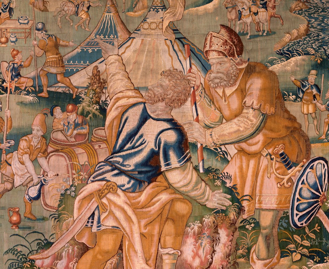 Flamandzki gobelin. Obóz wojskowy w pobliżu rzeki Granikos. Atelier Oudenaarde. 377x393cm. Inw 83104-9 /00011. XVII wiek. autorstwa Flemish School