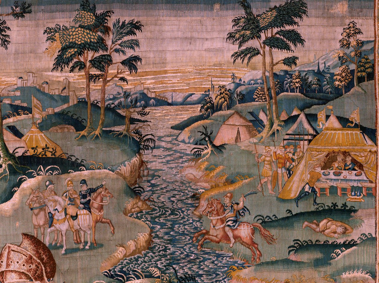 Flamandzki gobelin. Obóz wojskowy w pobliżu rzeki Granikos. Atelier Oudenaarde. 377x393cm. Inw 83104-9 /00011. XVII wiek. autorstwa Flemish School
