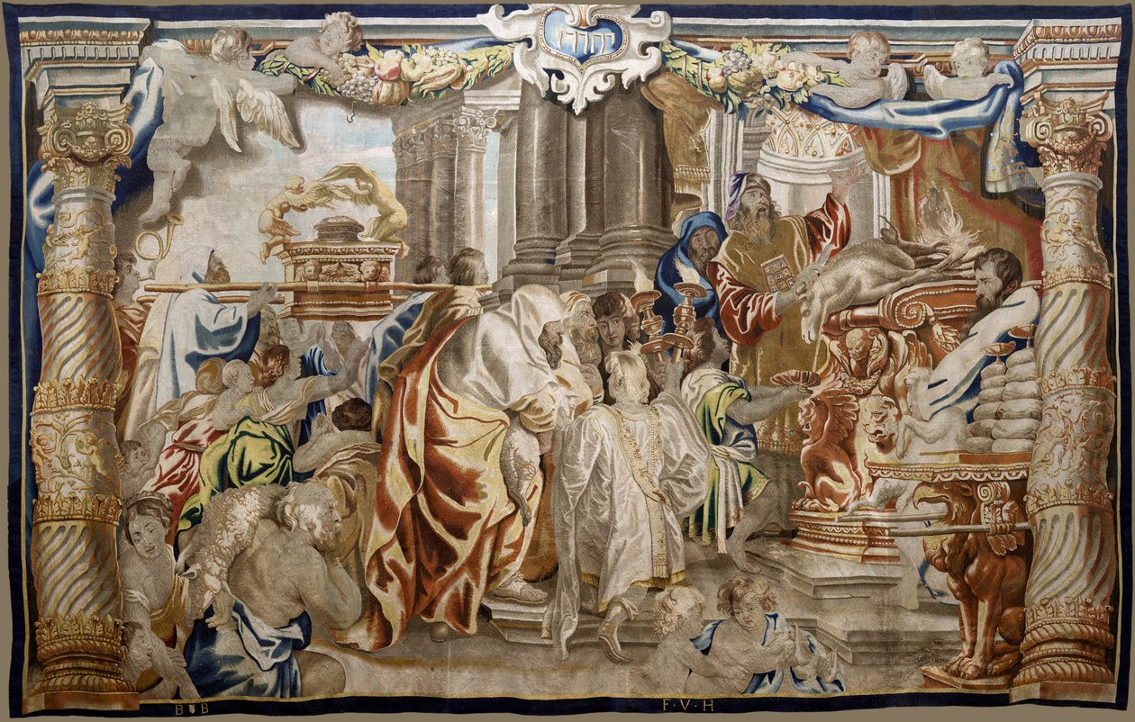 Flamandzki gobelin. Seria Apoteoza Eucharystii. Ofiara Prawa Mojżeszowego (Sacrificio de la Ley Mosaica). Model Cartoon skopiowany z oryginału przez Rubensa. Produkcja brukselska. Producent Frans van den Hecke. Połowa XVII wieku. Tkanina Jedwab i wełna, autorstwa Flemish School