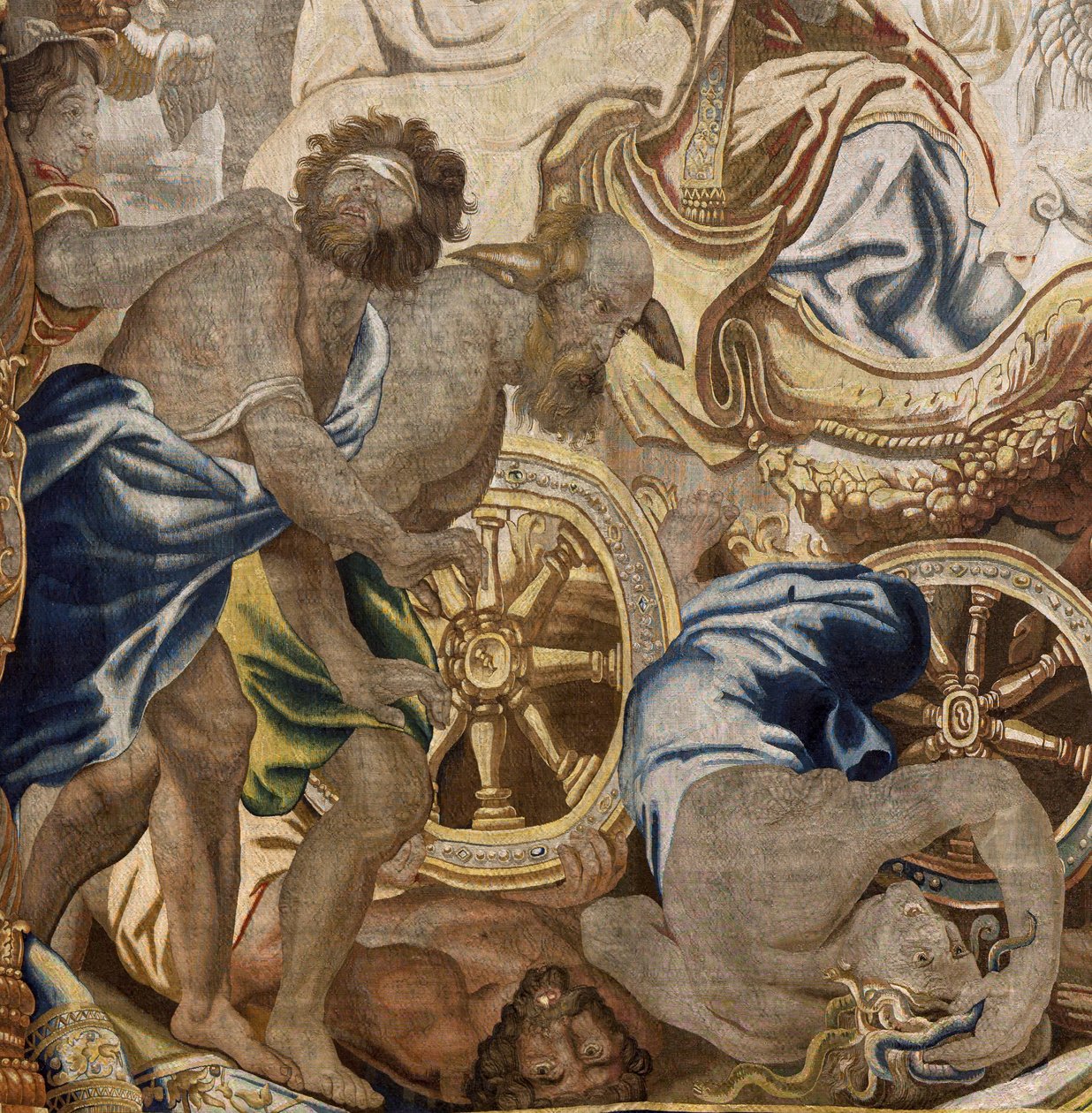 Flamandzki gobelin. Seria Apoteoza Eucharystii. Triumf Kościoła (Triunfo de la Iglesia). Model Cartoon skopiowany z oryginału przez Rubensa. Produkcja brukselska. Producent Frans van den Hecke. Połowa XVII wieku. Tkanina Jedwab i wełna, osnowa 7/8 autorstwa Flemish School