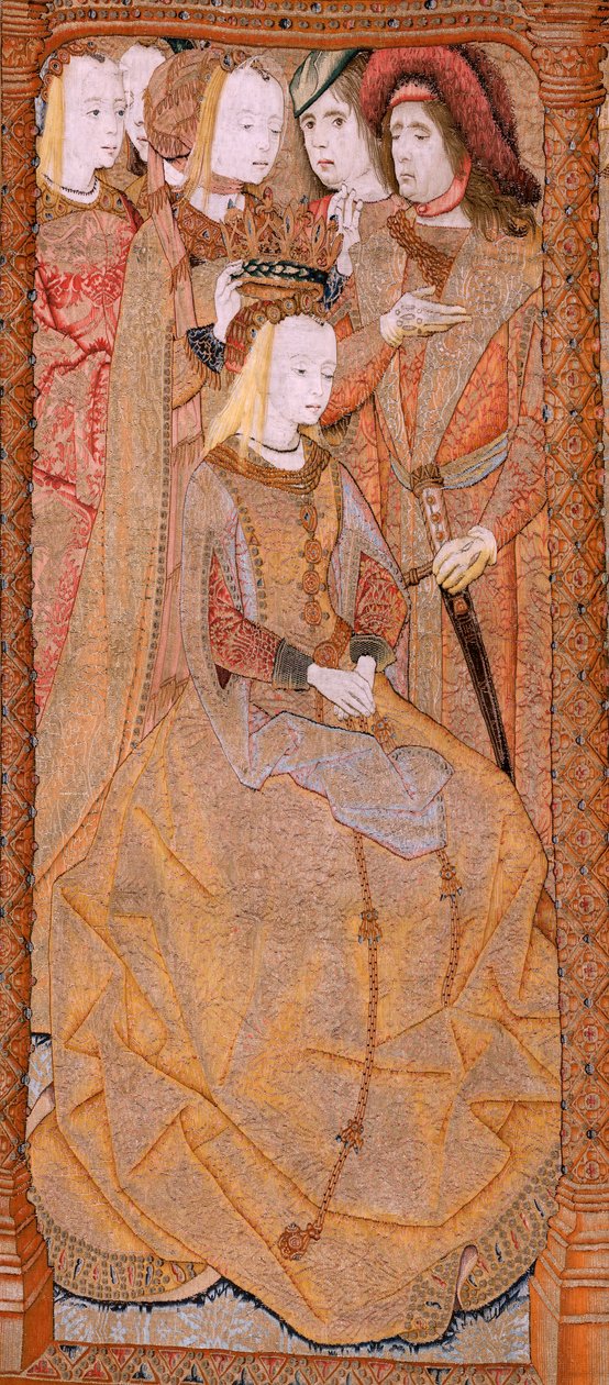 Flamandzki gobelin. Seria Nabożeństwo do Matki Bożej czyli Złote płótna. Koronacja Dziewicy (La Coronación de la Virgen). Czwarty gobelin w serii. Rysownik modelowy z kręgu Colyna de Cotera. Manufaktura Pieter van Aelst, Bruksela. Około 1500-15 autorstwa Flemish School
