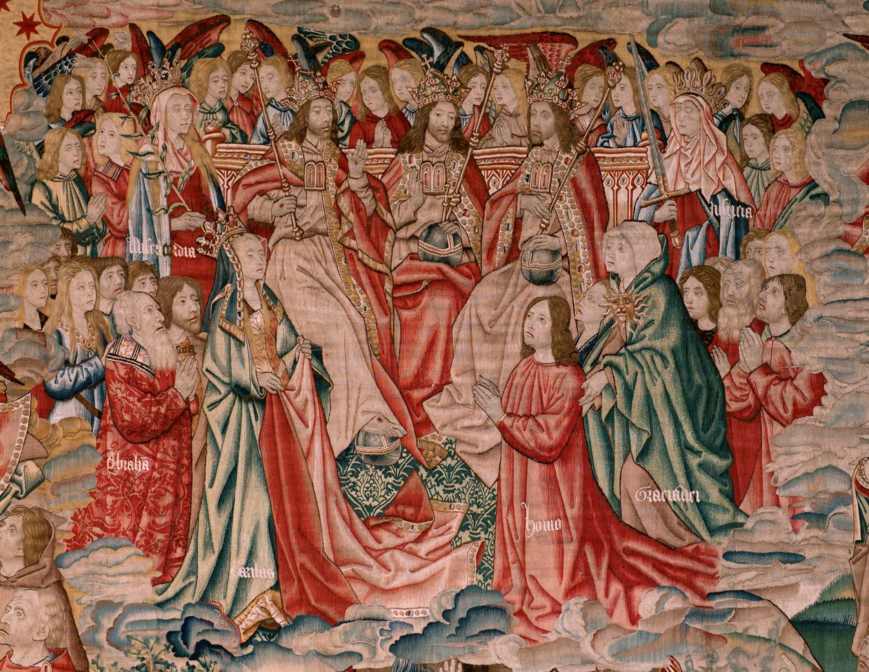 Flamandzki gobelin. Seria Ludzkie odkupienie lub występki i cnoty. Chrystus wstępuje do nieba, a człowiek zostaje odkupiony przed Bogiem (Cristo asciende al Cielo y el Hombre se redime ante Dios). Dziewiąty gobelin z serii (czwarty z tych przechowywanych w autorstwa Flemish School