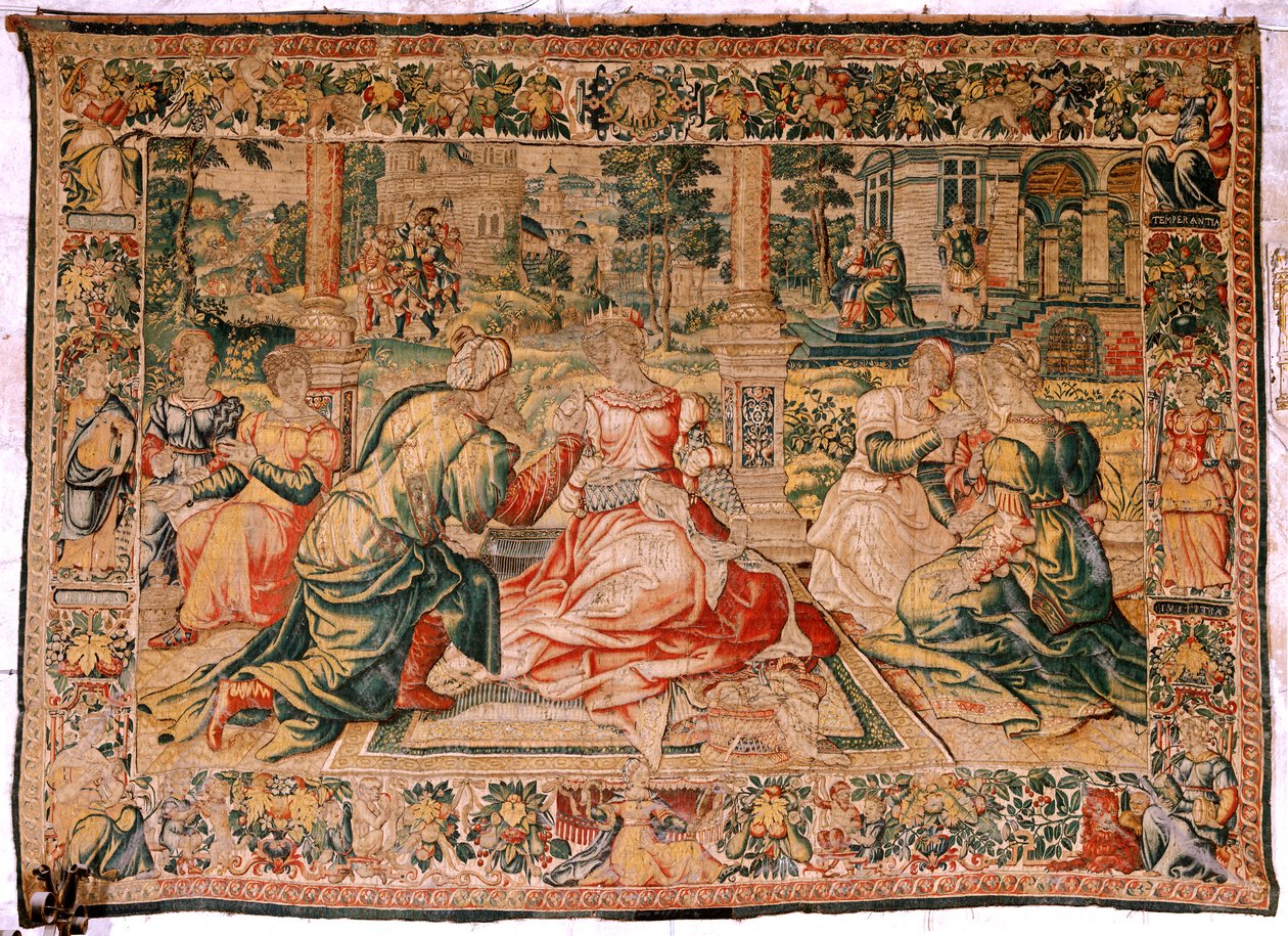 Flamandzki gobelin. Seria Mark Anthony i Kleopatra. Kleopatra i jej dwór (Kleopatra en su corte). Model Cartoon przypisywany Pieterowi Coecke van Aelst. Produkcja Bruksela(?). Druga połowa XVI wieku. Tkanina Jedwab i wełna. Rozmiar 310 x 435 cm. Początek autorstwa Flemish School