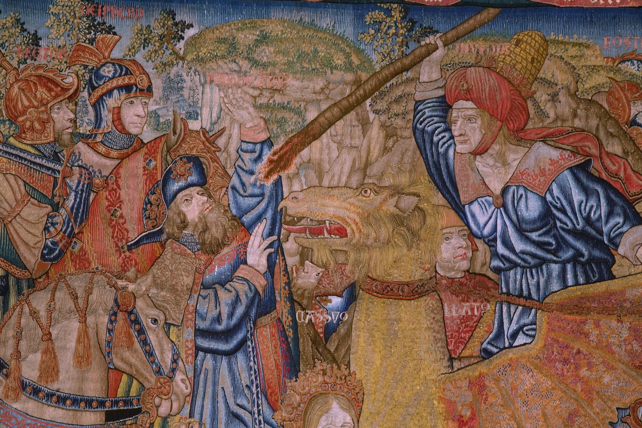Flamandzki gobelin. Seria Moralność: Cnota zaszczytów (De deugd van de Honores, Cnota zaszczytów). Około 1520. Szczegóły autorstwa Flemish School