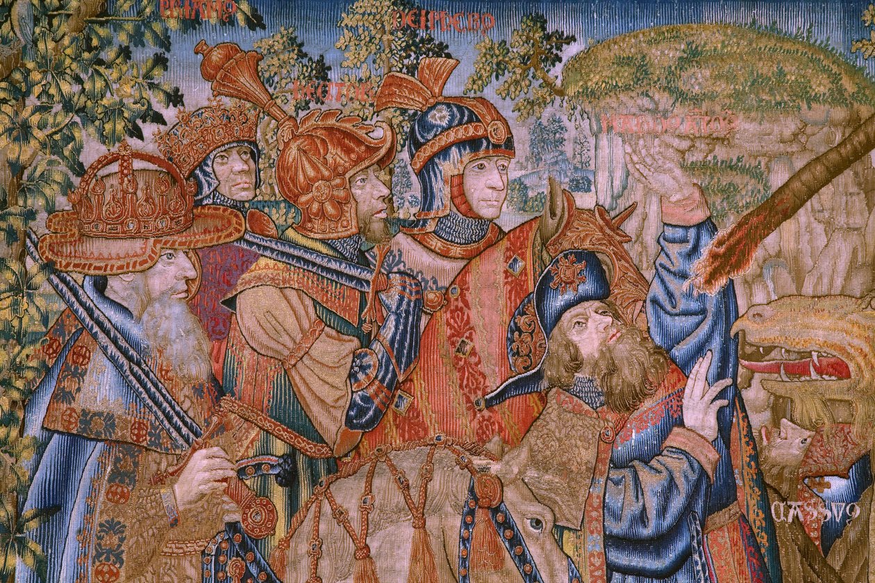 Flamandzki gobelin. Seria Moralność: Cnota zaszczytów (De deugd van de Honores, Cnota zaszczytów). Około 1520. Szczegóły autorstwa Flemish School