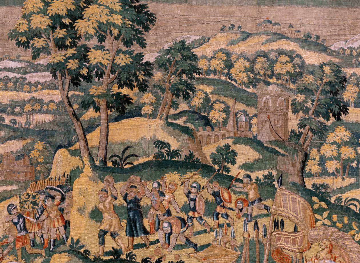 Flamandzki gobelin. Seria Historia Cyrusa. Nr VI Tomyris nakazuje zanurzenie głowy Cyrusa w naczyniu z krwią (Tomiris manda sumergir la cabeza de Ciro en un receivere leno de sangre). Anonimowy, na podstawie Michiela Coxcie. Atelier Antwerpia. Jedwab i woo autorstwa Flemish School