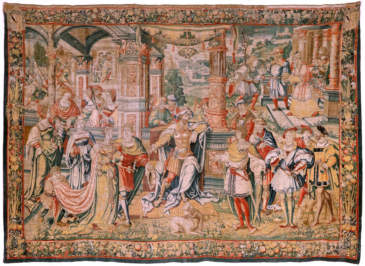 Flamandzki gobelin. Seria Historia Dawida. Dawid przed Saulem (David ante Saúl). Model autorstwa Bernarda van Orleya. Produkcja Bruksela. Ca1525. Tkanina Jedwab i wełna. Rozmiar 560 x 410 cm. Lokalizacja Katedra w Burgos. Pochodzenie Zapis w katedrze w 153 autorstwa Flemish School