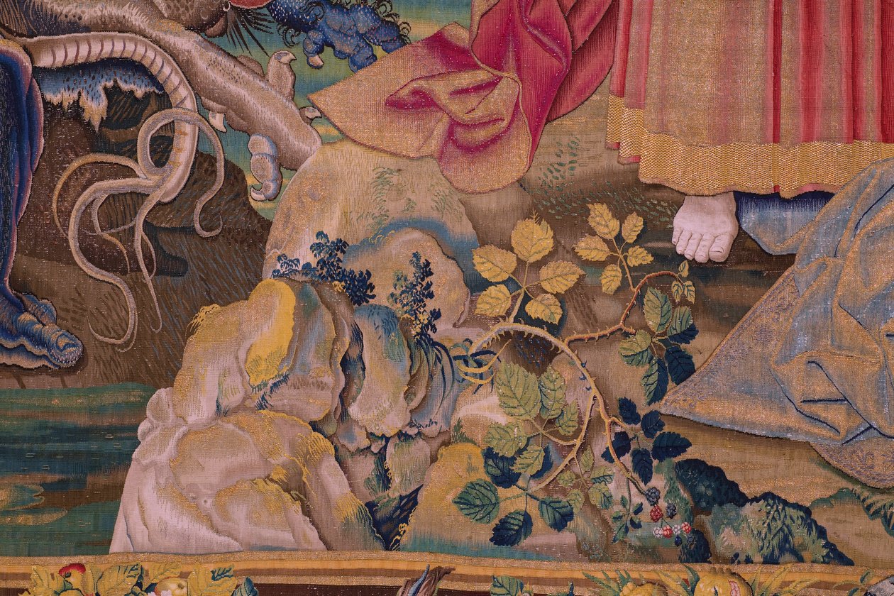 Flamandzki gobelin. Seria Apokalipsa: Święty Michał pokonujący smoka. Atelier Willem Dermoyen, Bruksela. Około 1553-1555. Szczegół. autorstwa Flemish School