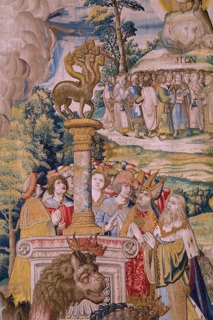 Flamandzki gobelin. Seria Apokalipsa: Święty Michał pokonujący smoka. Atelier Willem Dermoyen, Bruksela. Około 1553-1555. Szczegół. autorstwa Flemish School