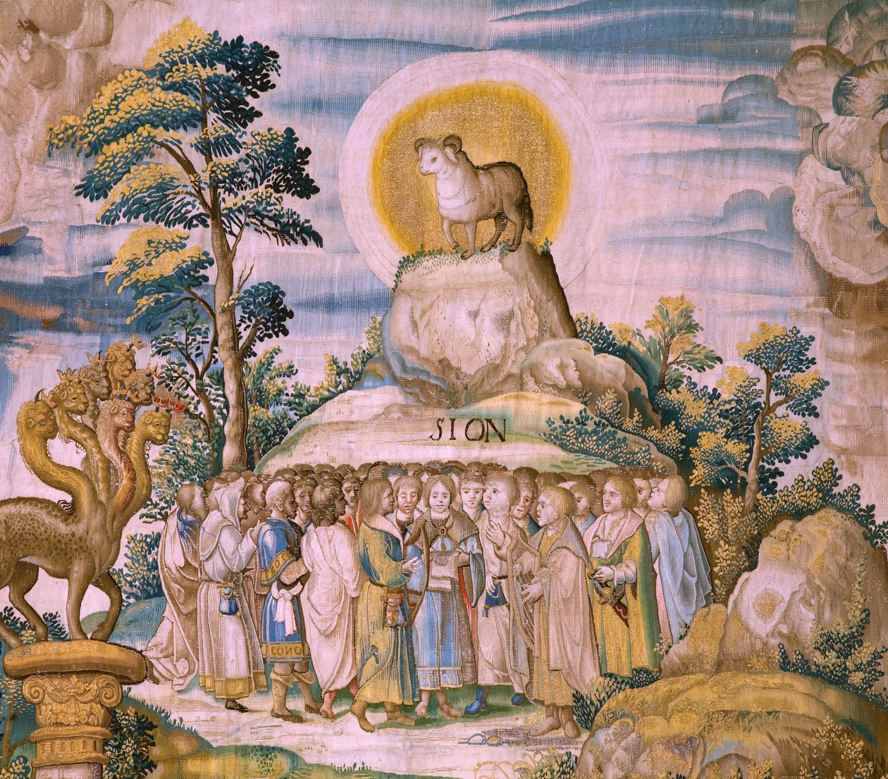 Flamandzki gobelin. Seria Apokalipsa: Święty Michał pokonujący smoka. Atelier Willem Dermoyen, Bruksela. Około 1553-1555. Szczegół. autorstwa Flemish School