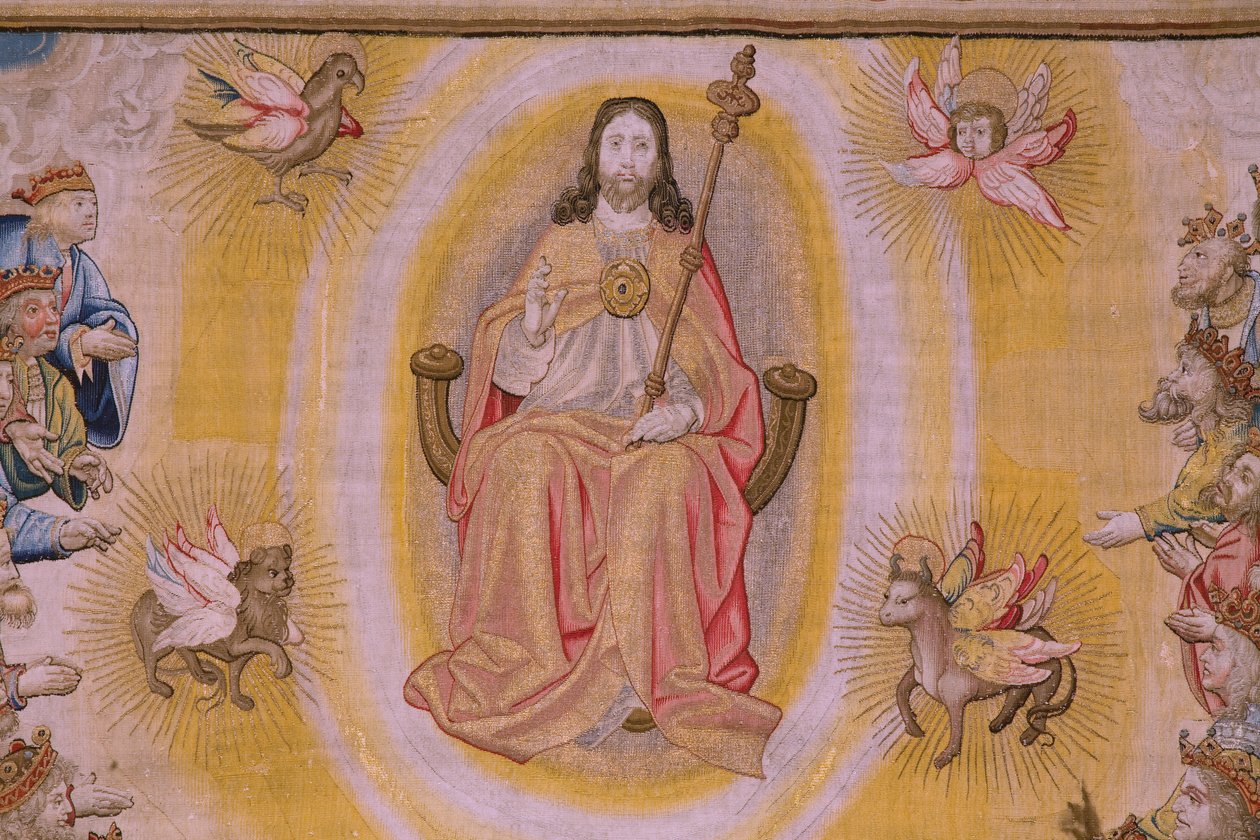 Flamandzki gobelin. Seria Apokalipsa: Święty Michał pokonujący smoka. Atelier Willem Dermoyen, Bruksela. Około 1553-1555. Szczegół. autorstwa Flemish School