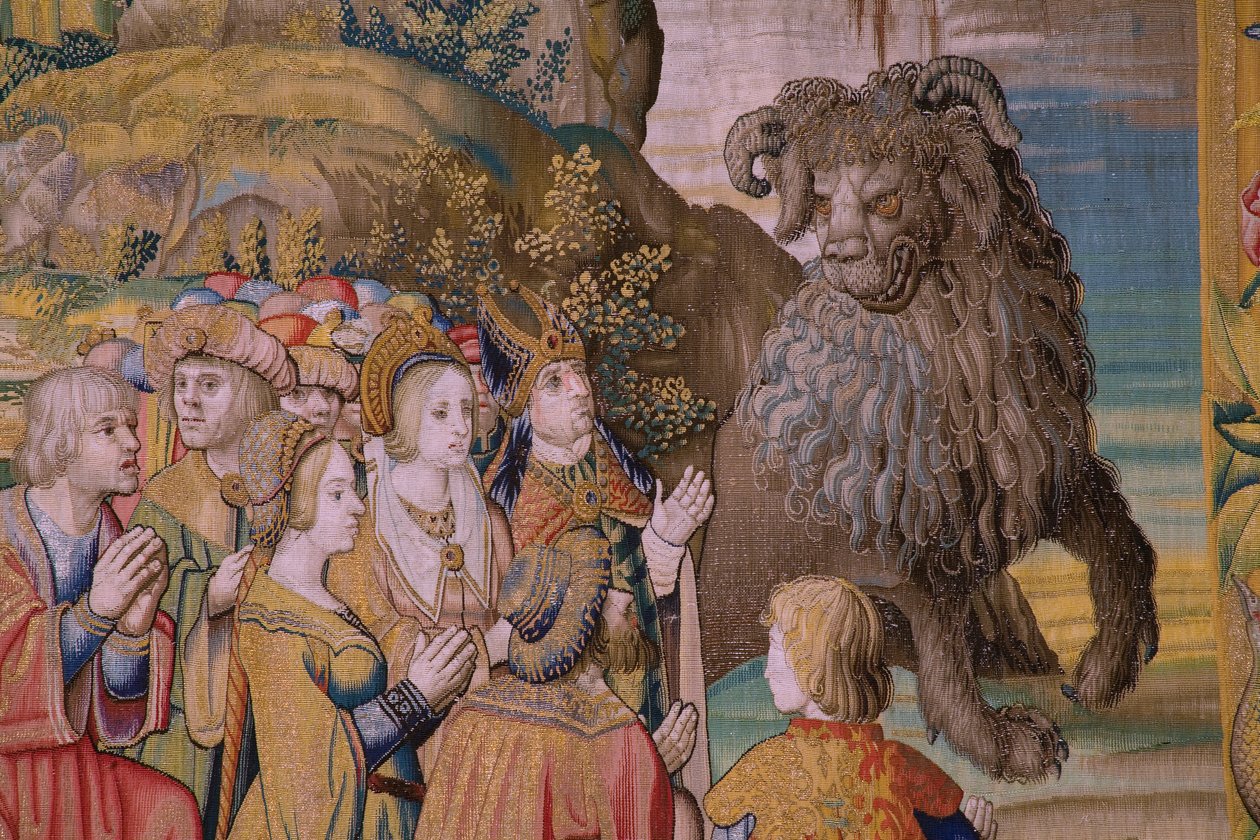 Flamandzki gobelin. Seria Apokalipsa: Święty Michał pokonujący smoka. Atelier Willem Dermoyen, Bruksela. Około 1553-1555. Szczegół. autorstwa Flemish School