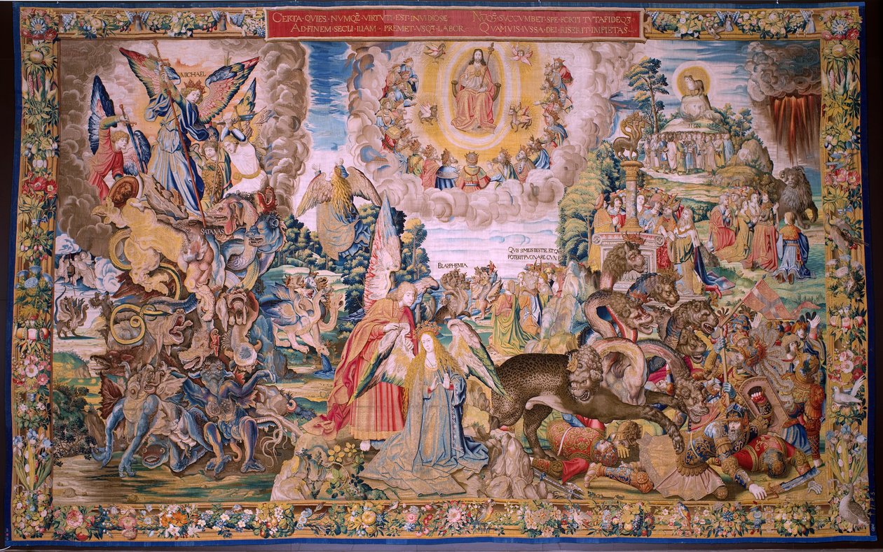 Flamandzki gobelin. Seria Apokalipsa: Święty Michał pokonujący smoka. Atelier Willem Dermoyen, Bruksela. Około 1553-1555. autorstwa Flemish School