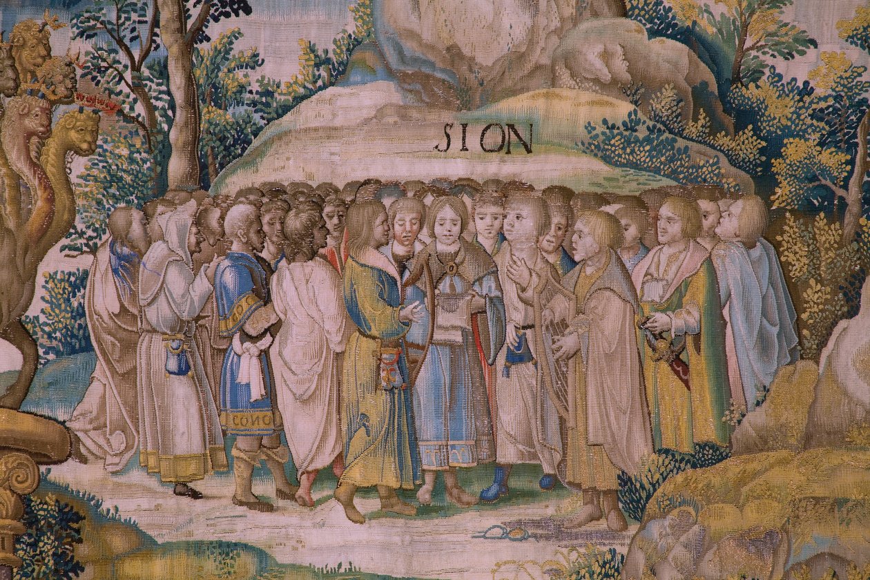 Flamandzki gobelin. Seria Apokalipsa: Święty Michał pokonujący smoka. Atelier Willem Dermoyen, Bruksela. Około 1553-1555. Szczegół. autorstwa Flemish School