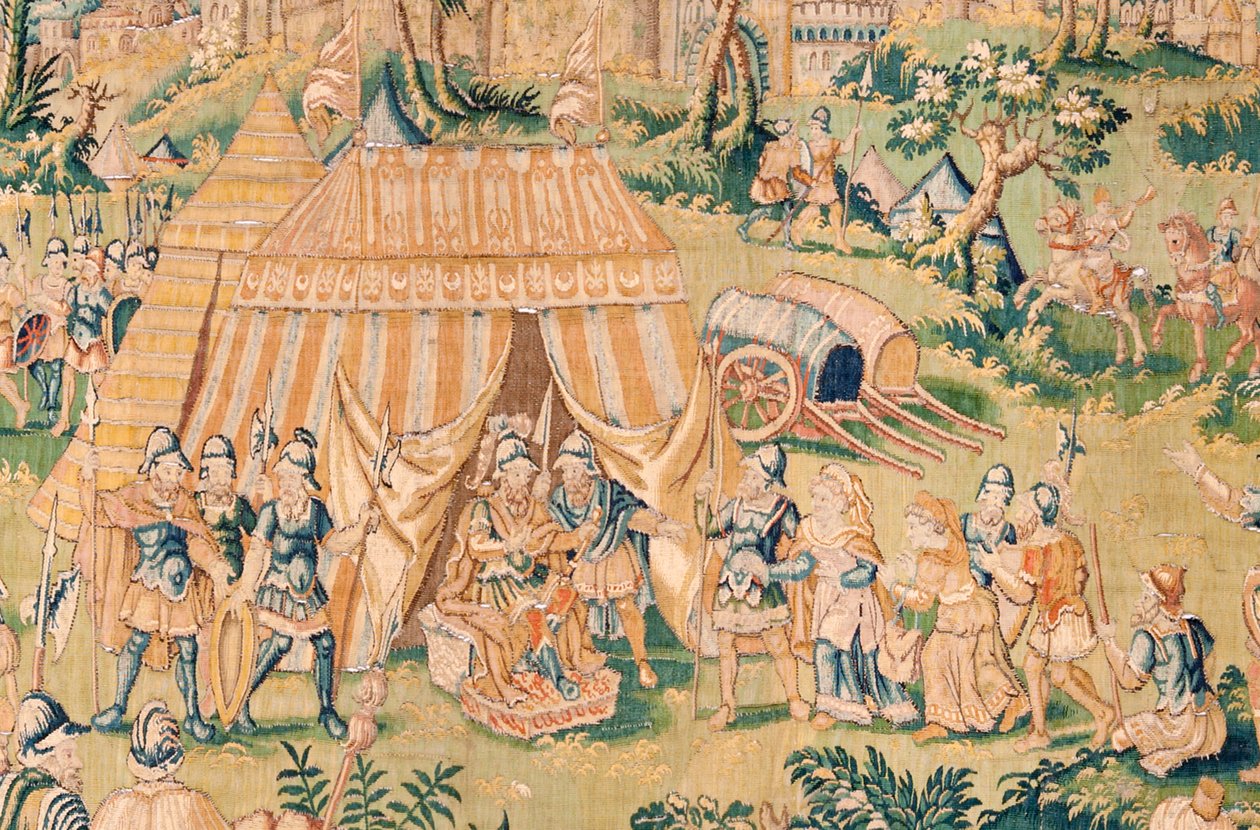 Flamandzki gobelin. Seria Księga Judyty. Judyta przed Holofernesem (Judith ante Holofernes). Piąty gobelin z serii. Produkcja Holandia, Bruksela(?). Druga połowa XVI wieku. Tkanina Wełna. Lokalizacja Kościół św. Mikołaja z Bari (mus autorstwa Flemish School
