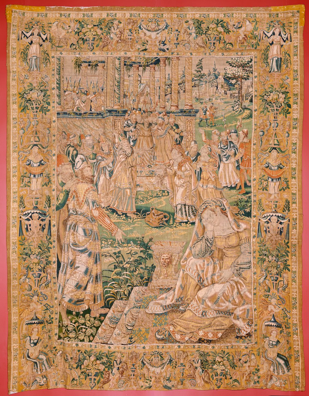 Flamandzki gobelin. Seria Księga Judyty. Judith pokazuje głowę Holofernesa (Judith muestra la cabeza de Holofernes). Dziewiąty gobelin w serii. Produkcja Holandia, Bruksela(?). Druga połowa XVI wieku. Tkanina Wełna. Lokalizacja Kościół św autorstwa Flemish School