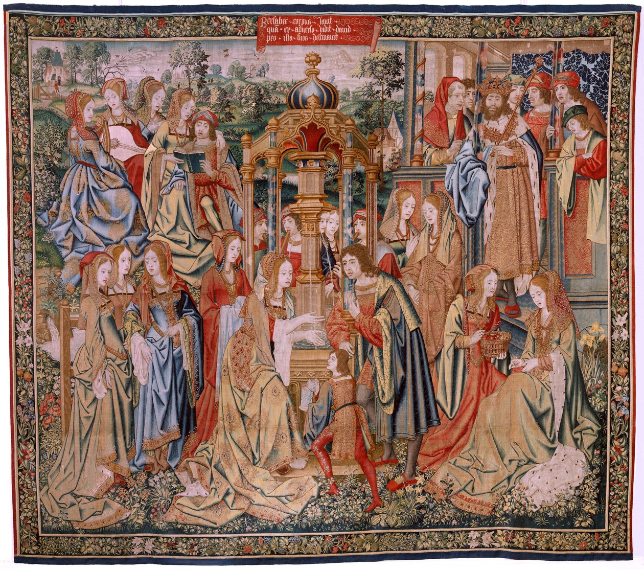 Flamandzki gobelin. Seria Historia Dawida i Batszeby. Batseba w swojej kąpieli (Betsabé en el bano sorprendida por David). Pierwszy panel serii. Model Anonimowy. Nieznana produkcja, Bruksela autorstwa Flemish School